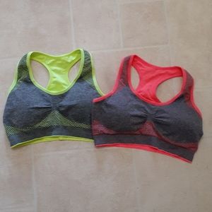 Neon pink and lime green sports bra set
